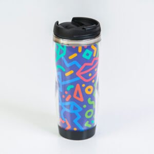 Travel mug designed with a blue pattern.