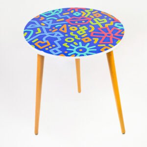Wooden table designed with blue pattern.
