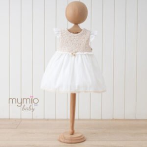 Mymio Short Sleeve Baby Girl Dress, (3908), Beige, 6 Months