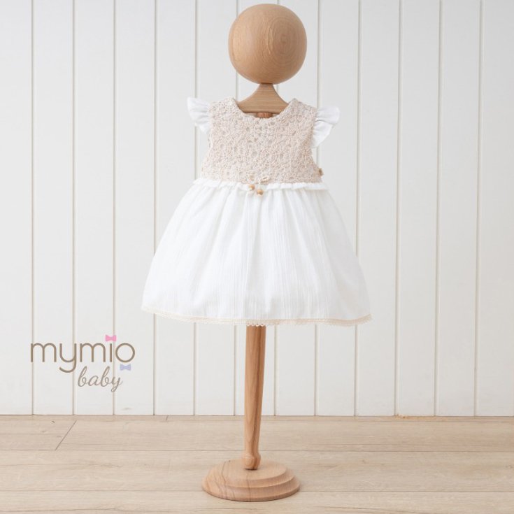 Mymio Short Sleeve Baby Girl Dress, (3908), Beige, 18 Months