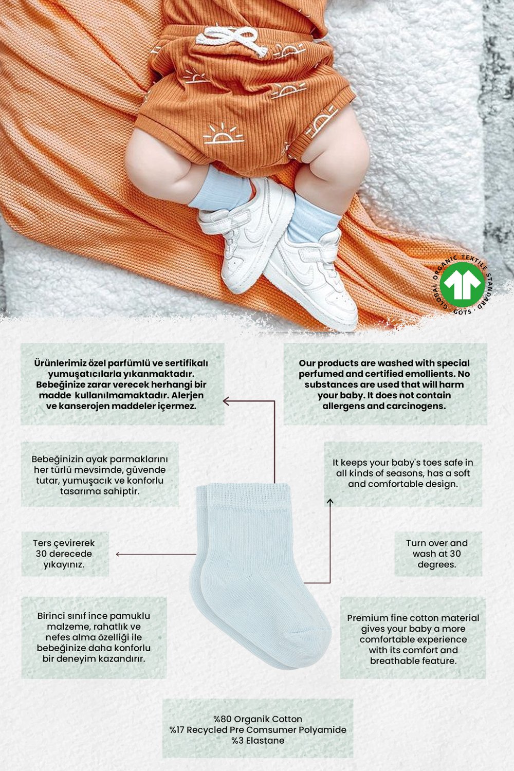 Bistyle Organic 2-Pairs Combed Socks (6-12 m) Blue - Image 2