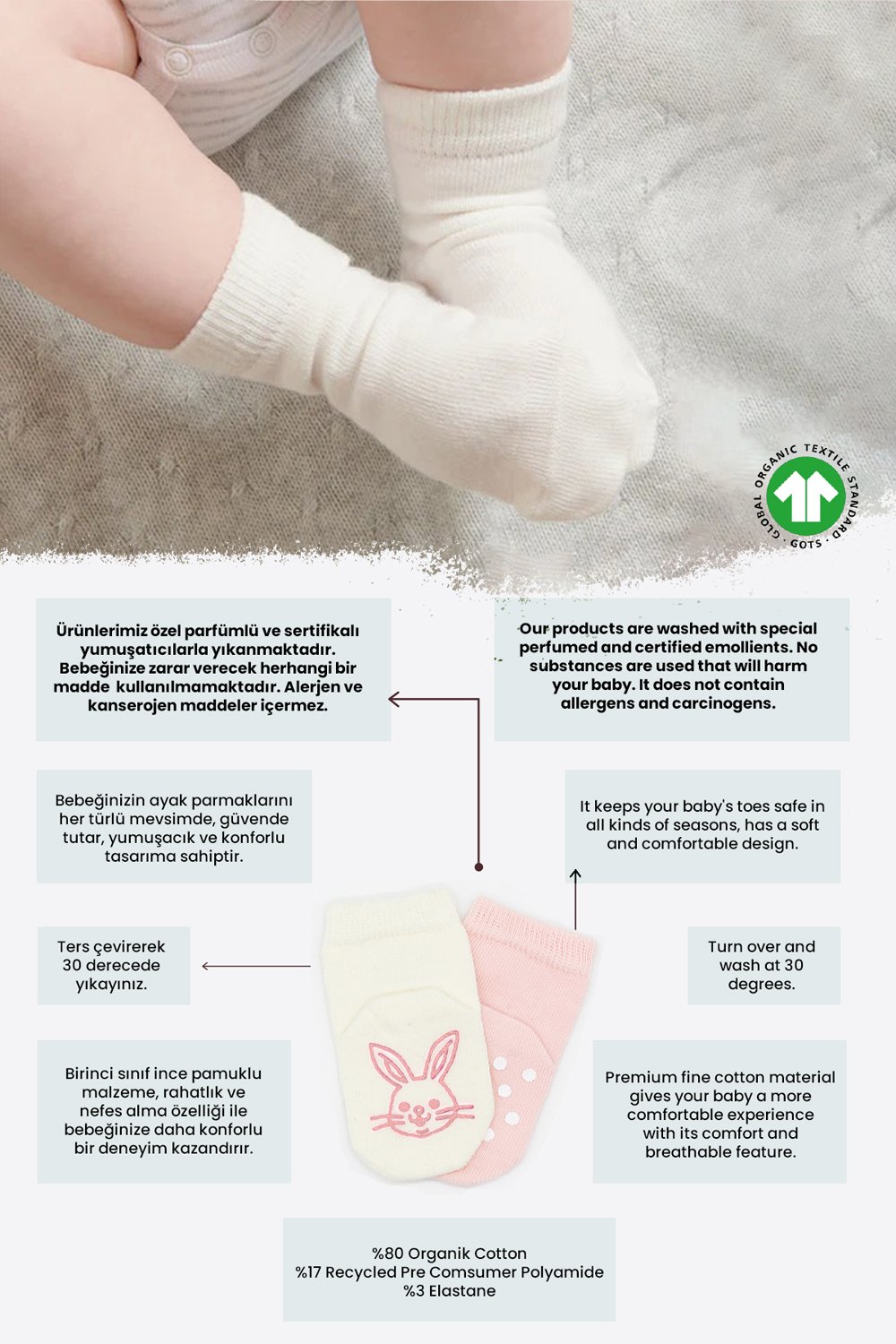 Bistyle Organic 2-Pairs Combed Non-slip Socks (6-12 m) Pink - Image 2