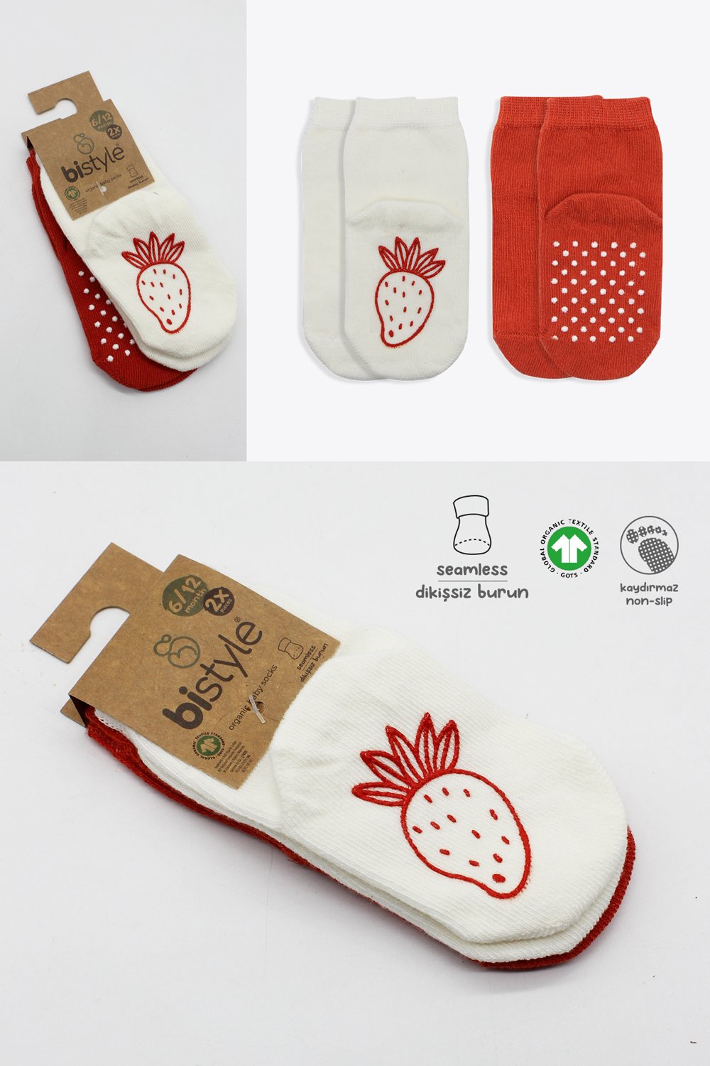 Bistyle Organic 2-Pairs Combed Non-slip Socks (6-12 m) Red - Image 7