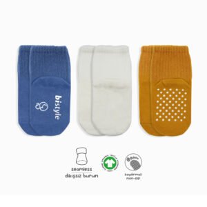 Bistyle Organic 3-Pairs Basic Non-slip Socks (24-36 m) (Blue, Orange, Beige)