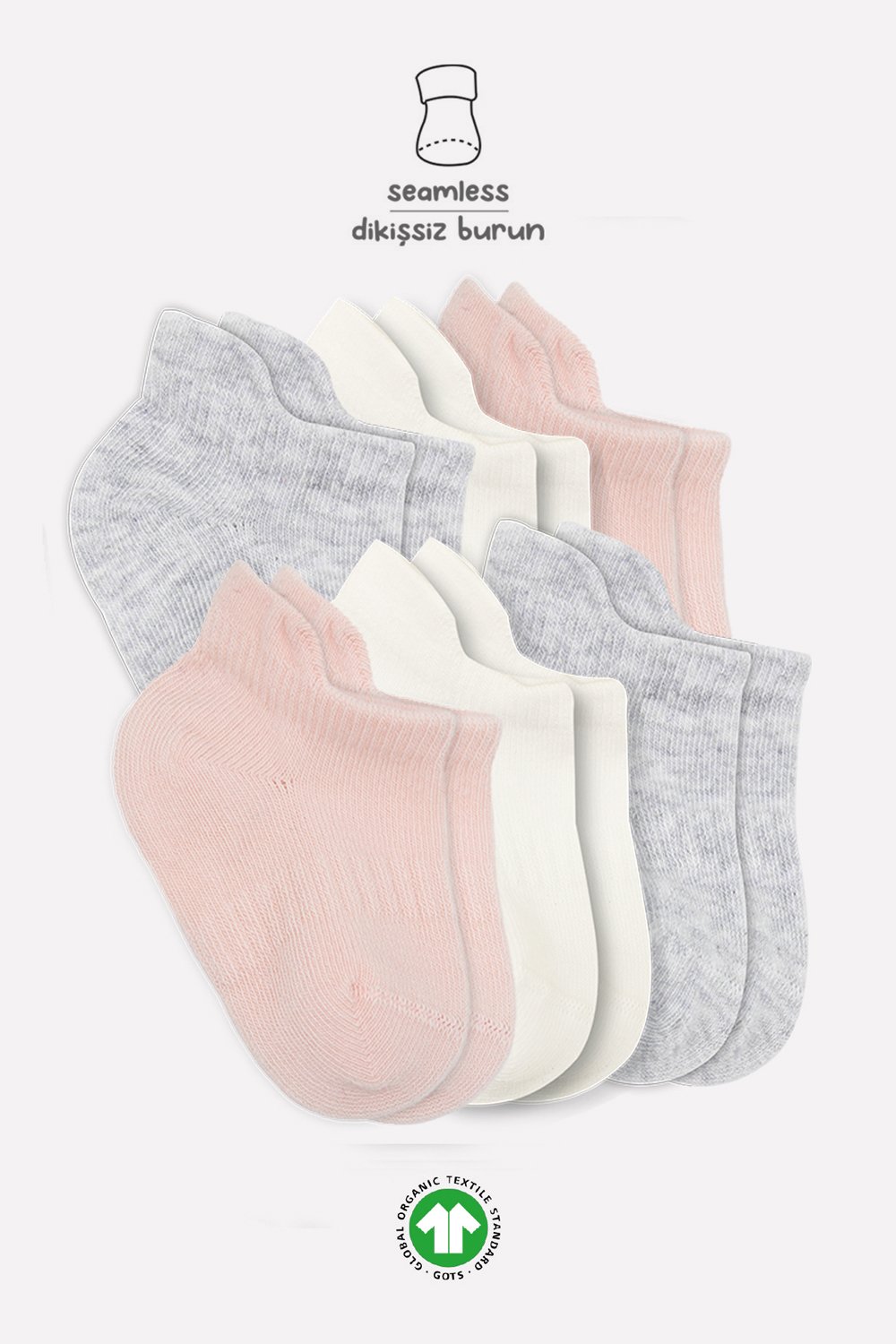 Bistyle 6-Pairs Combed Liner Socks (24-36 m) (Pink, Grey, Beige) - Image 4