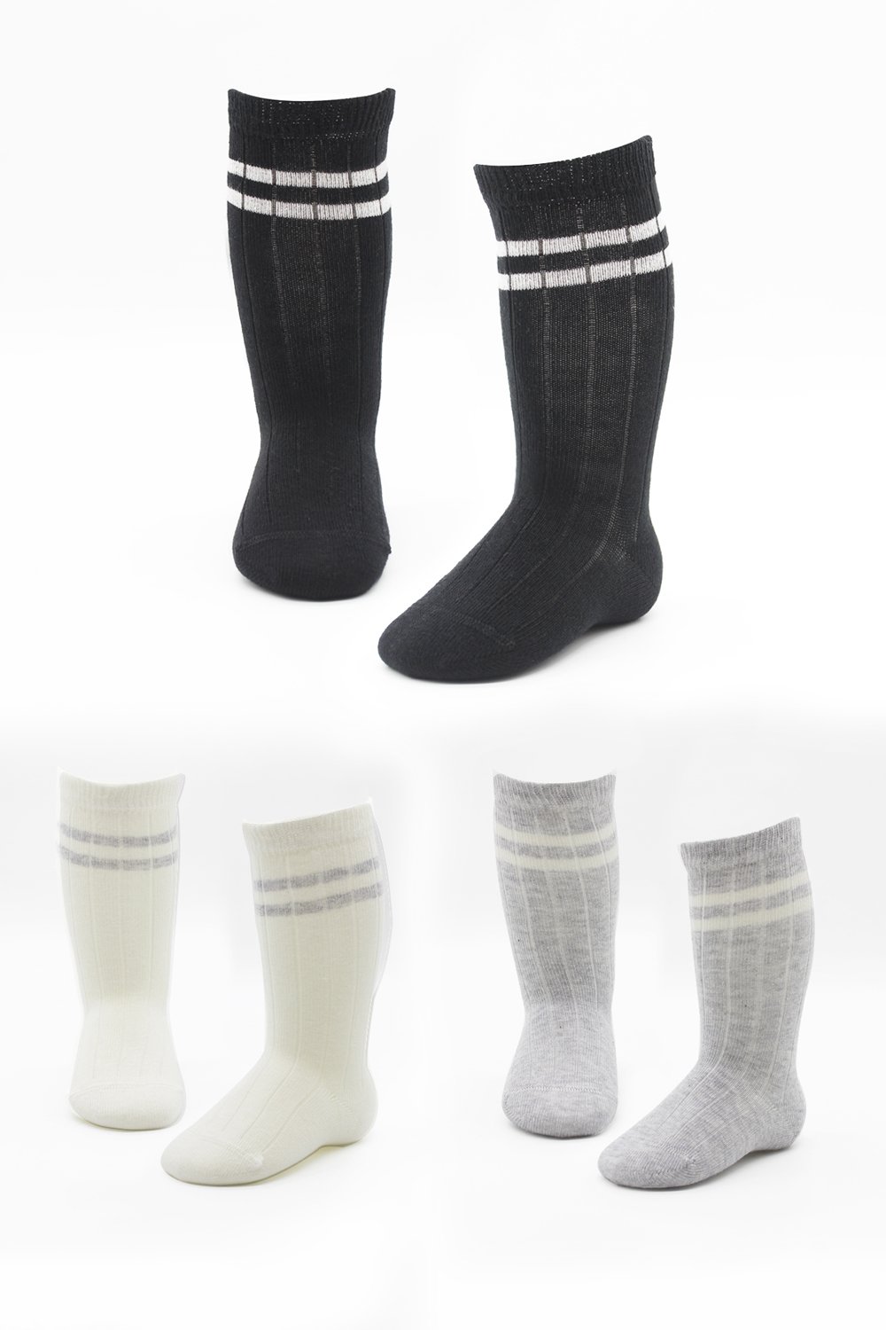 Bistyle 3-Pairs Knee Socks (24-36 m) Lines (Black, Grey, Beige) - Image 4