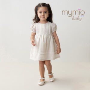 Mymio Linen Embroidered Baby Girl Dress, (4199), Brown, 18 Months