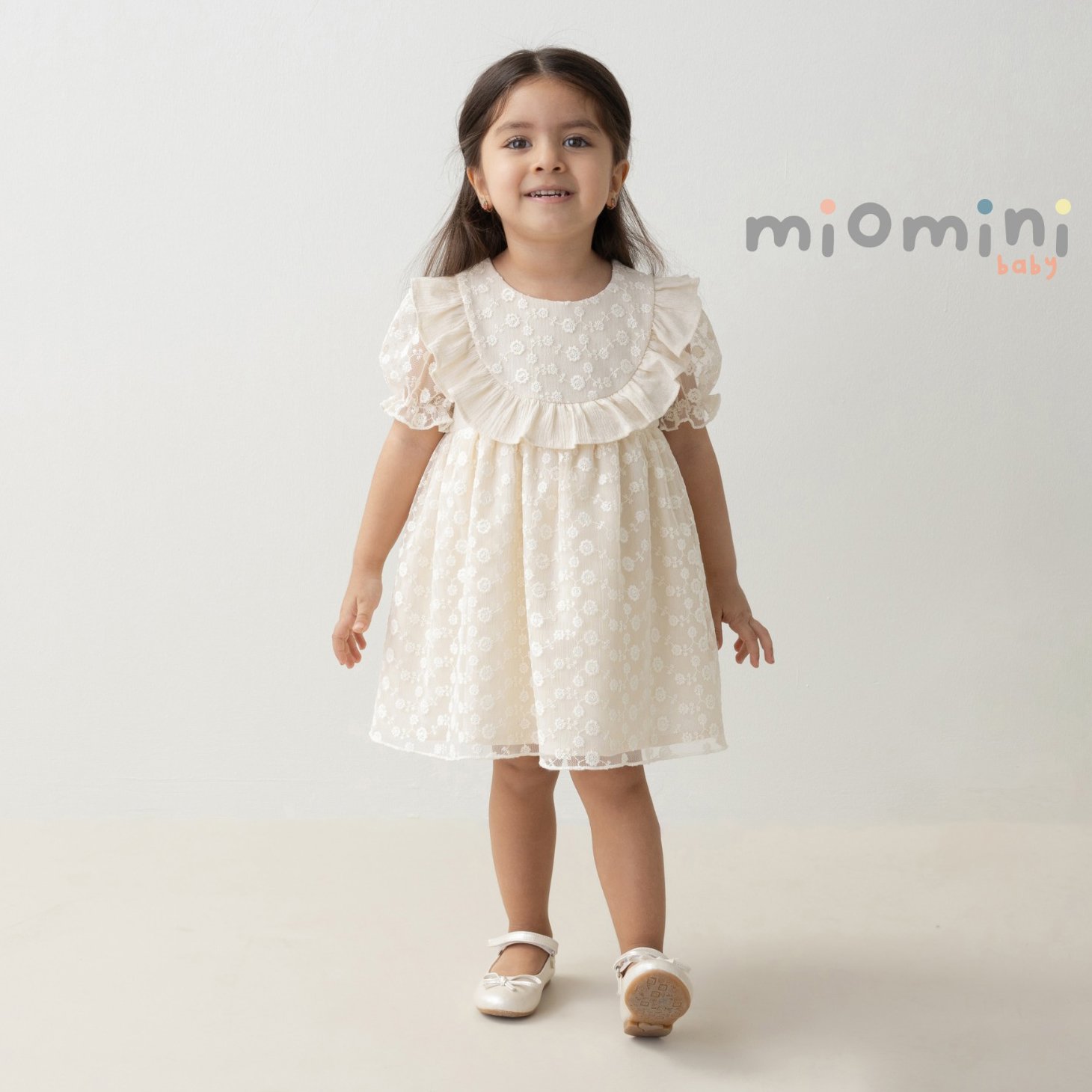Miomini Embroidered Tulle Baby Girl Dress, (4258), Beige, 9 Months