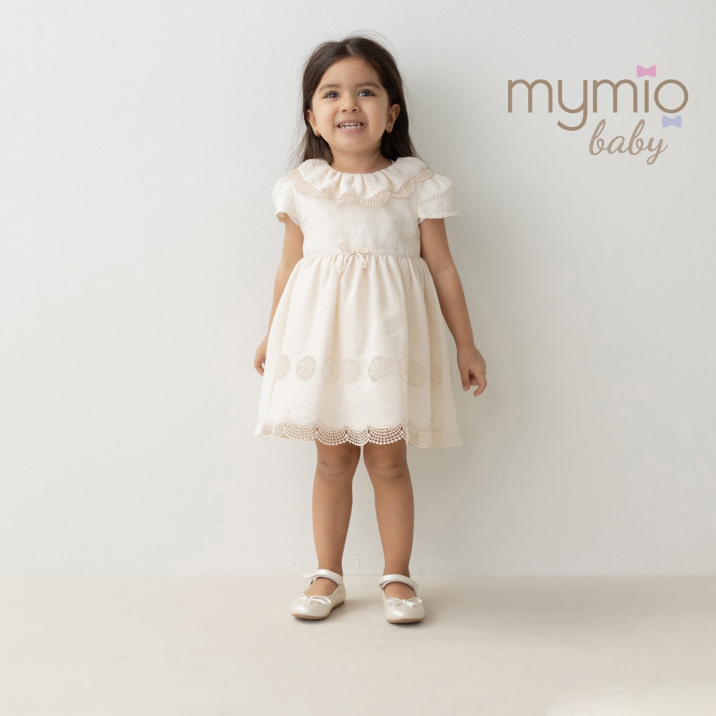 Mymio Embroidered Crinkle Baby Girl Dress, (4269), Beige, 24 Months