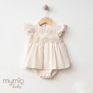 Mymio Embroidered Crinkle Baby Girl Bodysuit, (4263), Beige, 12 Months