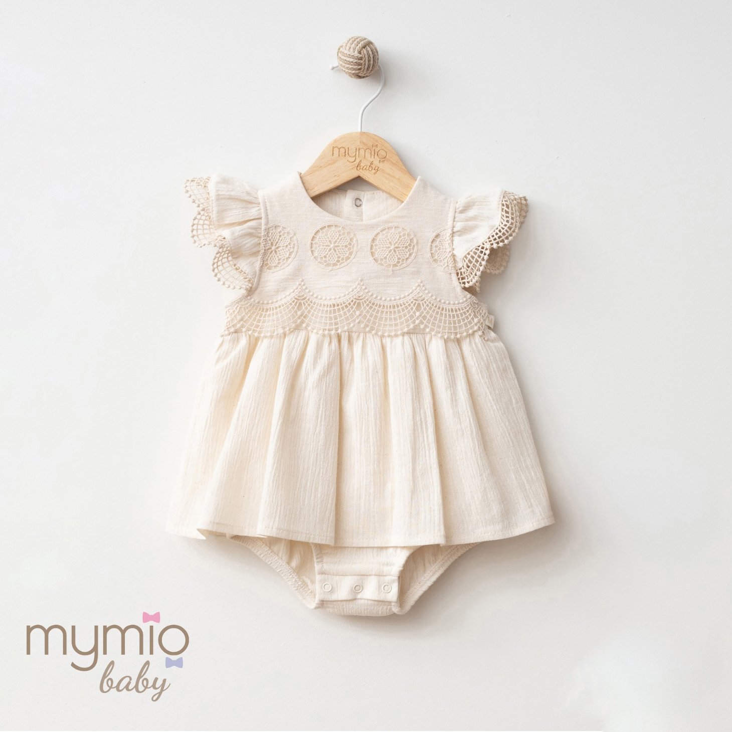 Mymio Embroidered Crinkle Baby Girl Bodysuit, (4263), Beige, 12 Months
