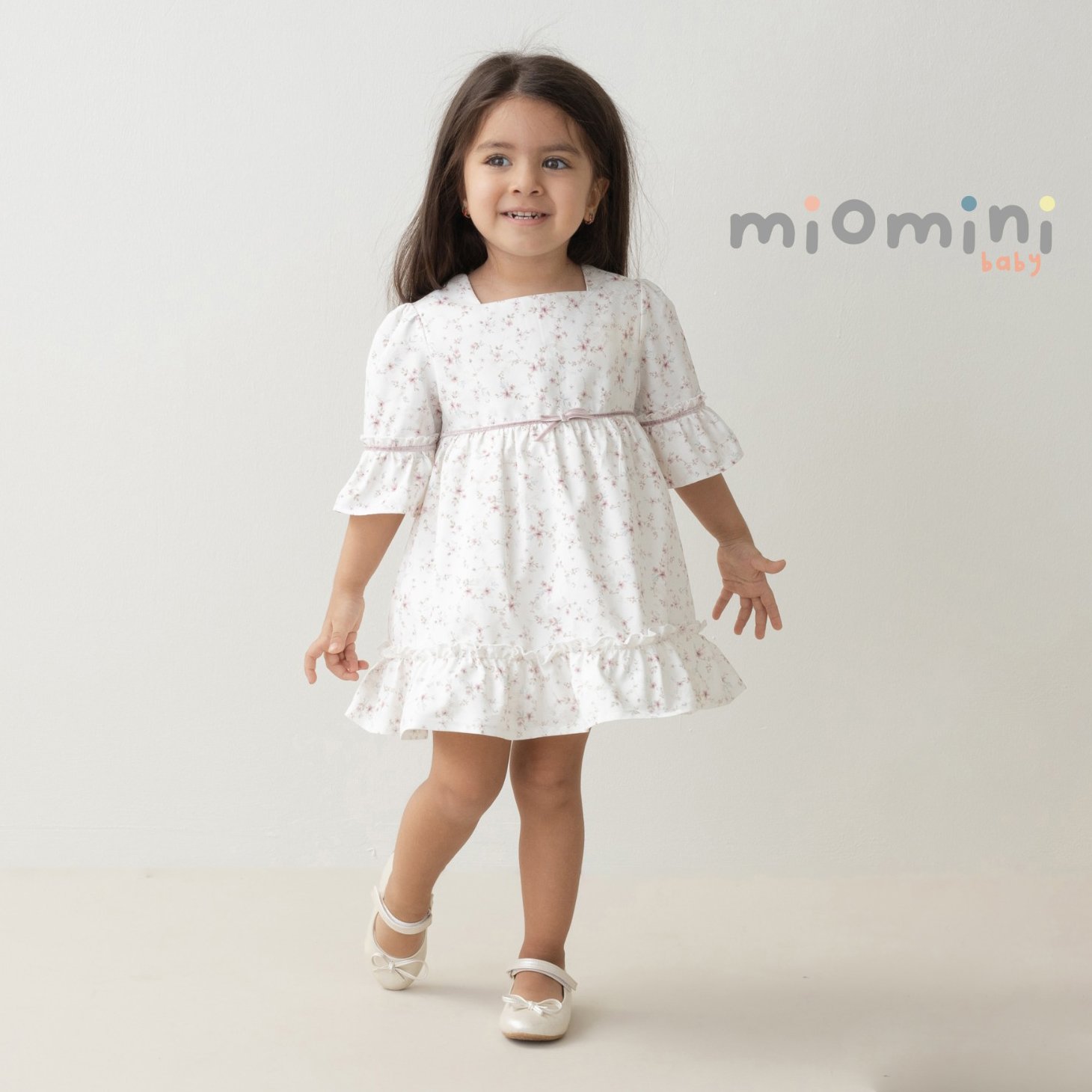Miomini Floral Print Baby Girl Dress, (4307), Beige, 24 Months
