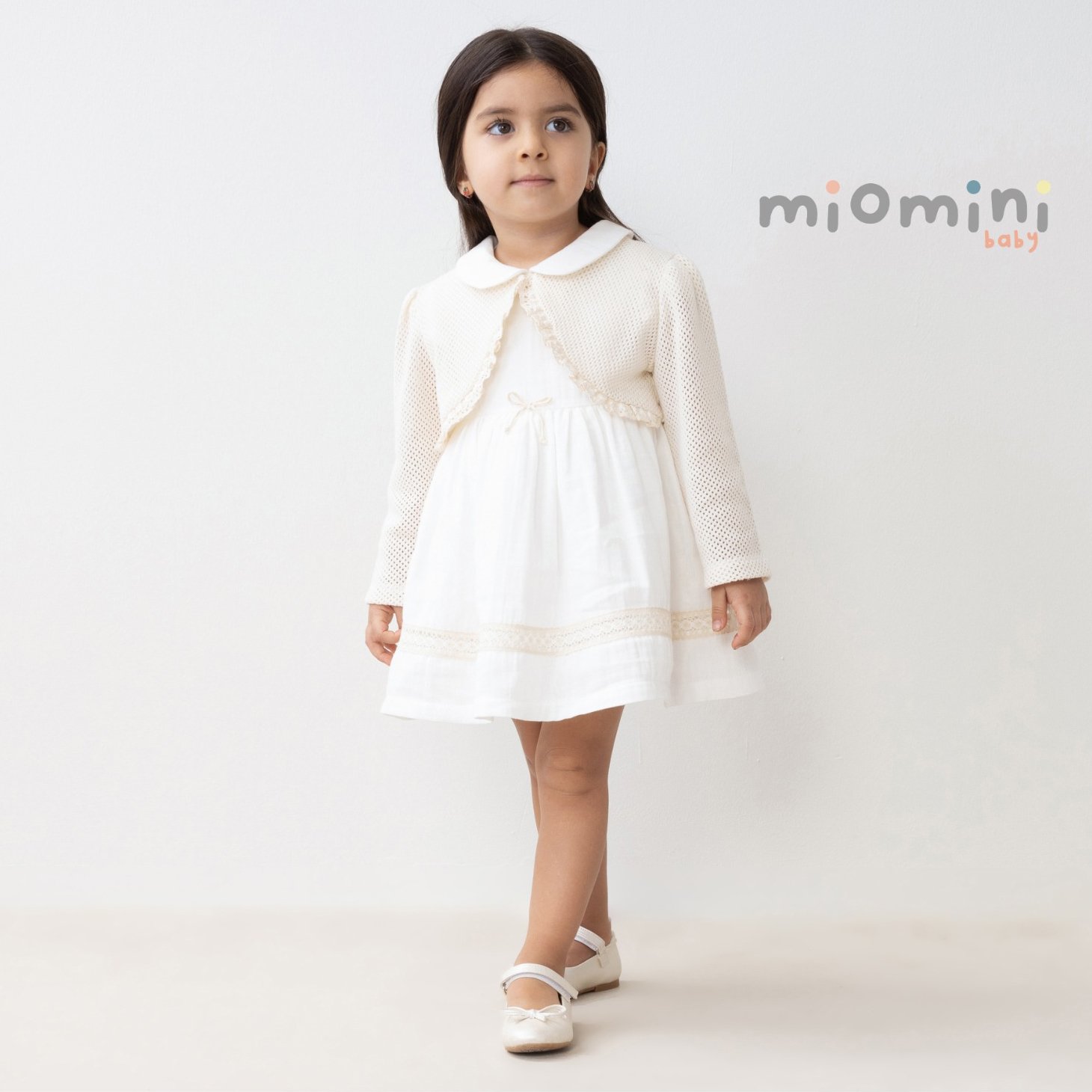 Miomini Muslin Baby Girl Dress with Mesh Bolero, (4345), Beige, 18 Months