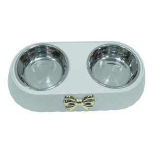 Dual Bowl Pet Feeder - White with Golden Bow Accent