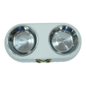 Dual Bowl Pet Feeder - White with Golden Bow Accent