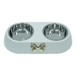 Dual Bowl Pet Feeder - White with Golden Bow Accent