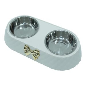 Dual Bowl Pet Feeder - White with Golden Bow Accent