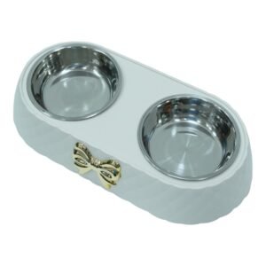 Dual Bowl Pet Feeder - White with Golden Bow Accent