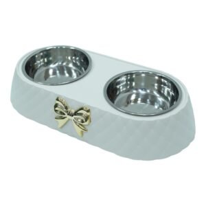Dual Bowl Pet Feeder - White with Golden Bow Accent