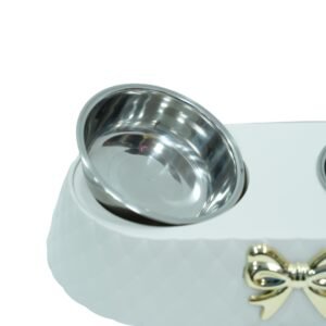 Dual Bowl Pet Feeder - White with Golden Bow Accent