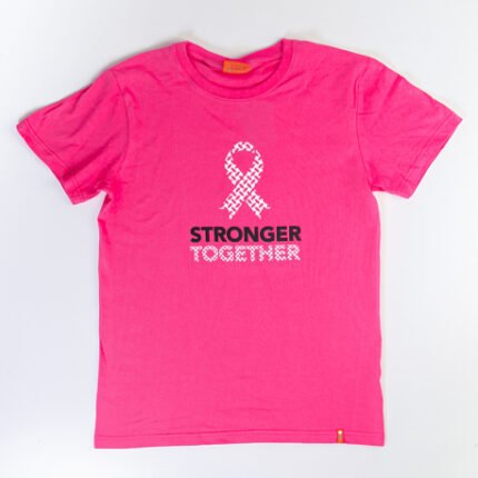 T-shirt in pink color designed with words Stronger together