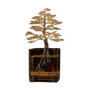 شجر بونساي معدن سلفر مع حوض سمك و اضاءة