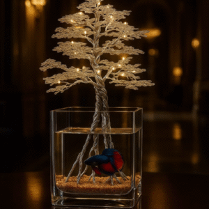 شجر بونساي معدن سلفر مع حوض سمك و اضاءة