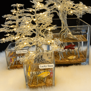 طقم شجر بونساي معدن سلفر مع حوض سمك و اضاءة