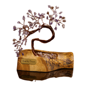 قاعدة من خشب الزيتون الطبيعي يحتضن شجرة مضيئة من الأحجار الكريمة